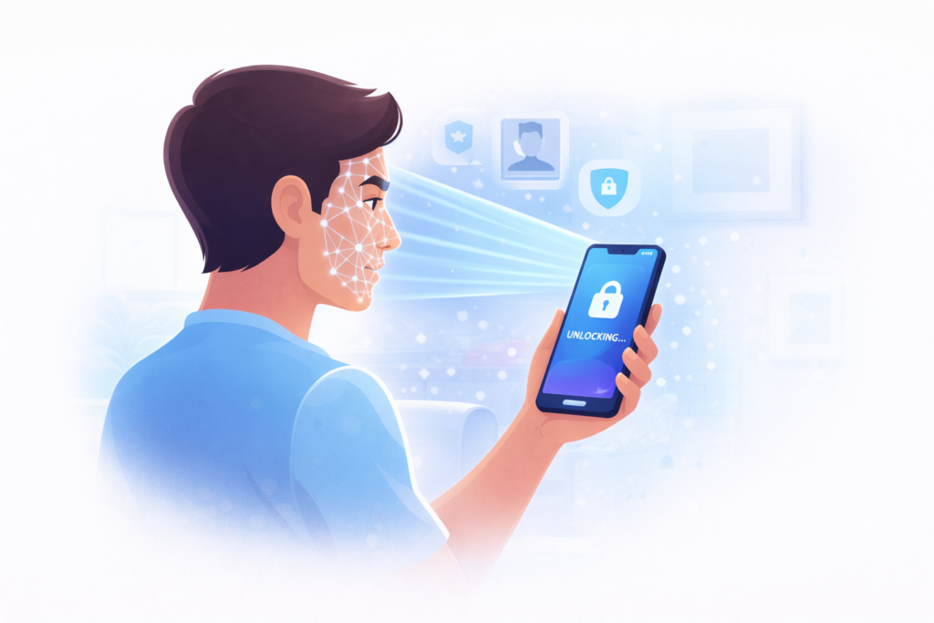 Artificial intelligence facial recognition technology unlocking a smartphone using face scan