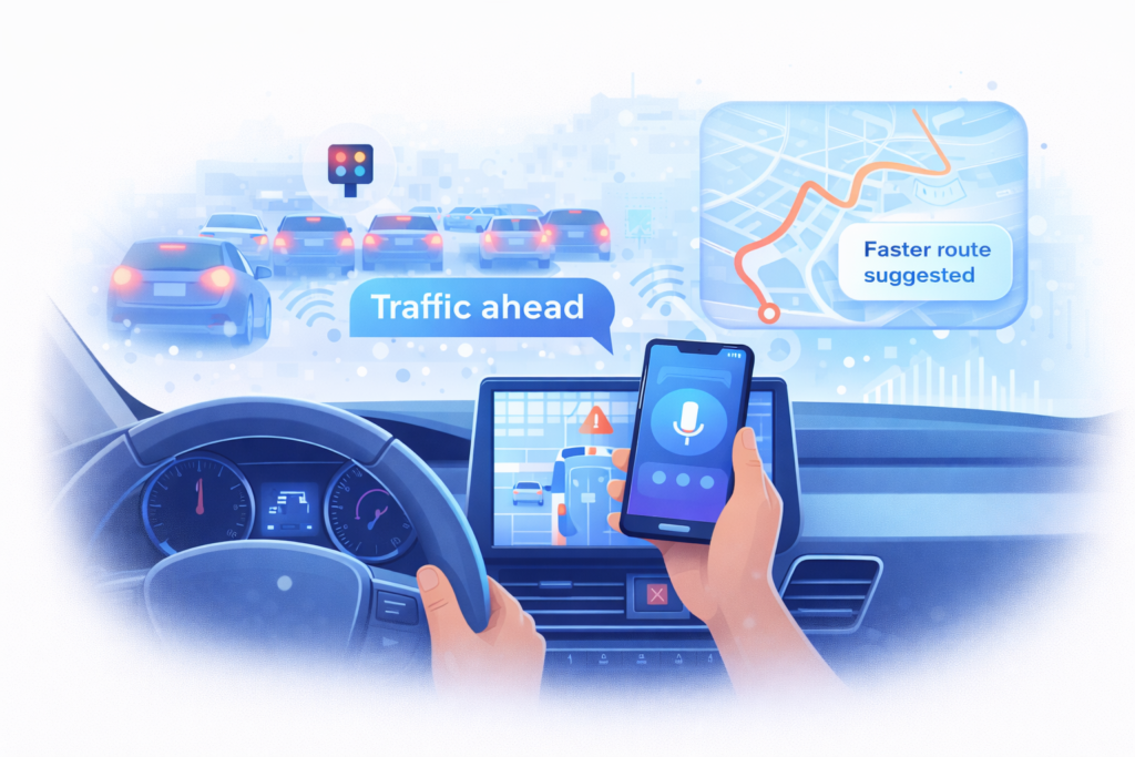 Artificial intelligence navigation system predicting traffic and suggesting faster route