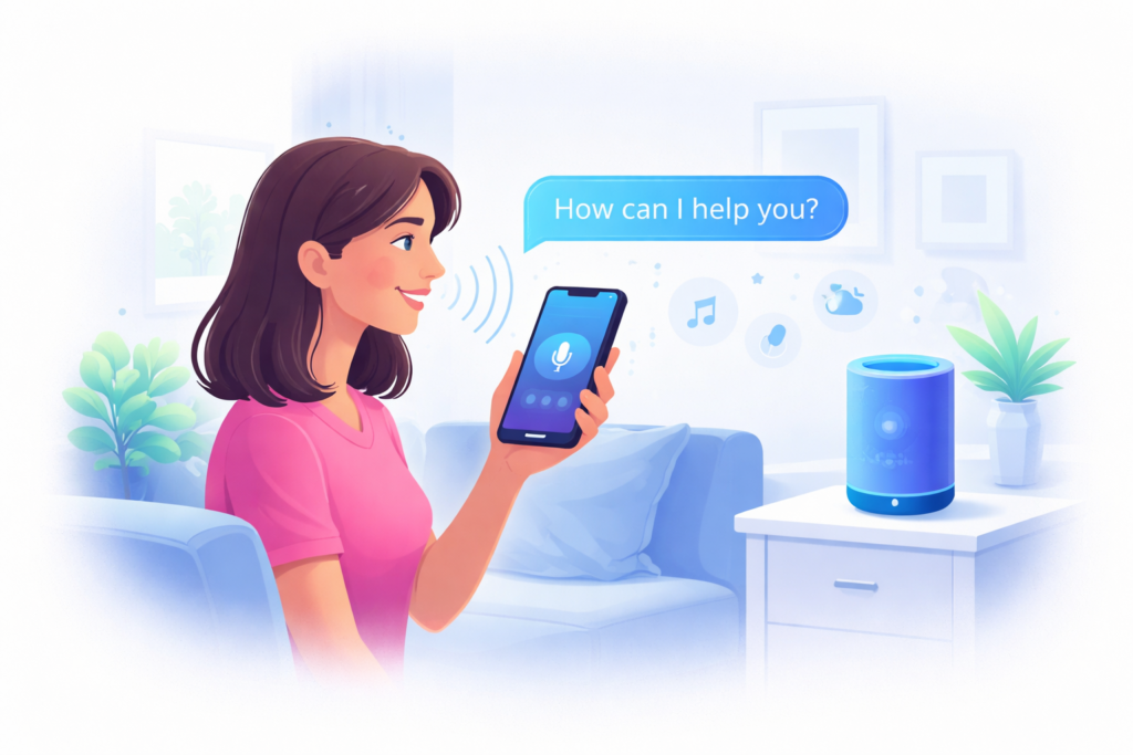 Artificial intelligence voice assistant example on smartphone helping user with commands