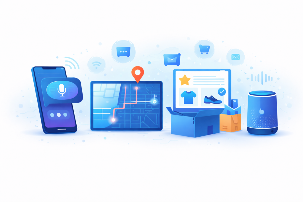 Artificial intelligence examples used in everyday life including voice assistant, navigation map, online shopping recommendations and smart home device