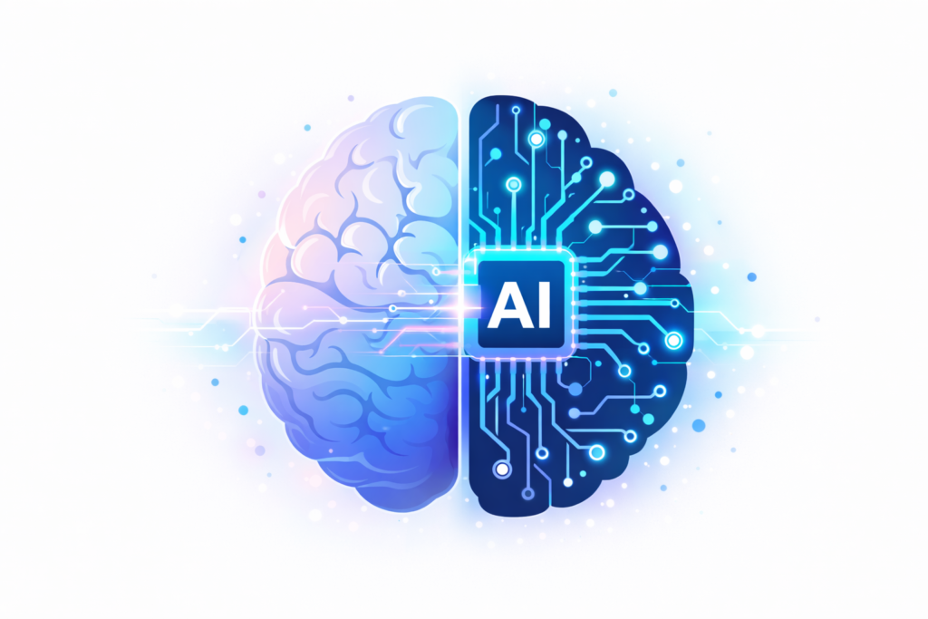 Artificial intelligence concept showing human brain and AI digital brain connection