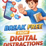 cartoon illustration showing a person stopping smartphone notifications to break free from digital distractions