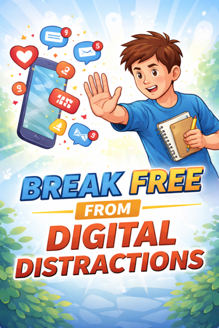 cartoon illustration showing a person stopping smartphone notifications to break free from digital distractions