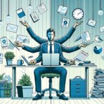 Person juggling tasks in office setting.