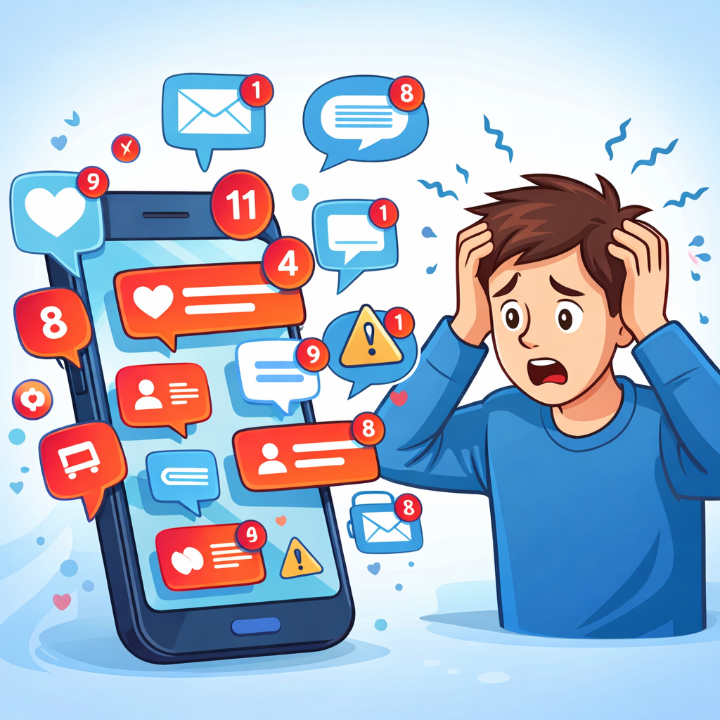 cartoon illustration showing smartphone notifications causing digital distractions and loss of focus