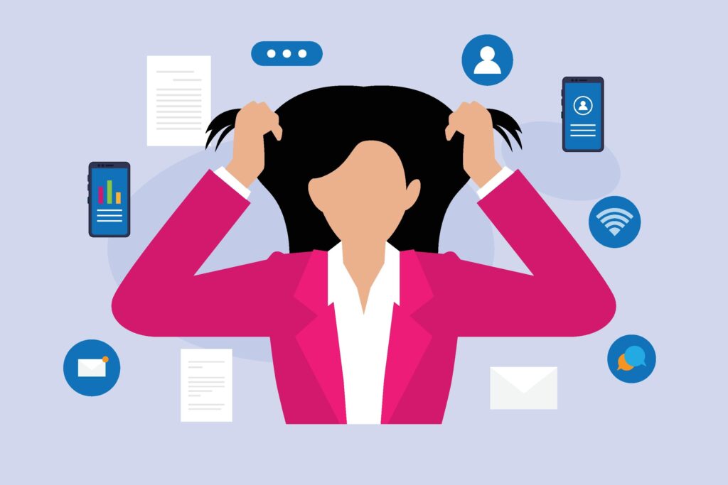 cartoon illustration showing digital distractions like smartphone notifications affecting focus