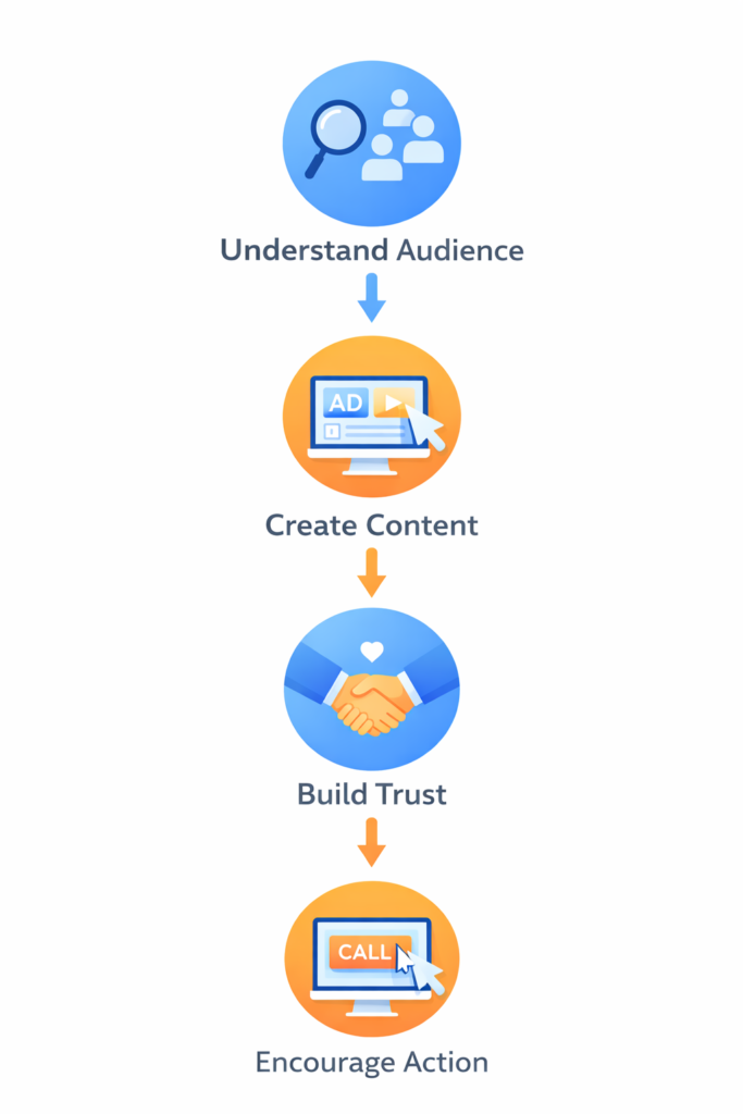 Four step digital marketing framework for beginners showing audience research, content creation, trust building and conversion