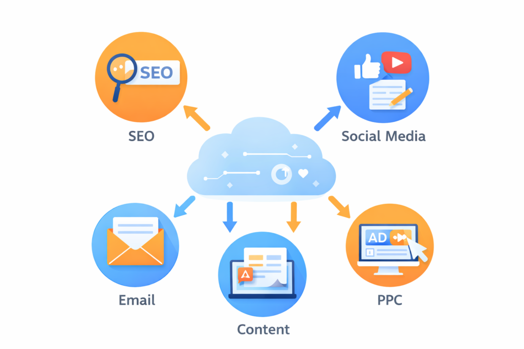 Overview of core digital marketing channels including SEO, social media, content marketing and paid advertising