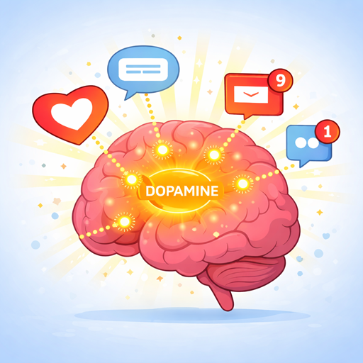 cartoon illustration showing dopamine reward system activated by smartphone notifications and social media alerts