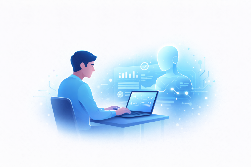 Human working together with artificial intelligence technology concept