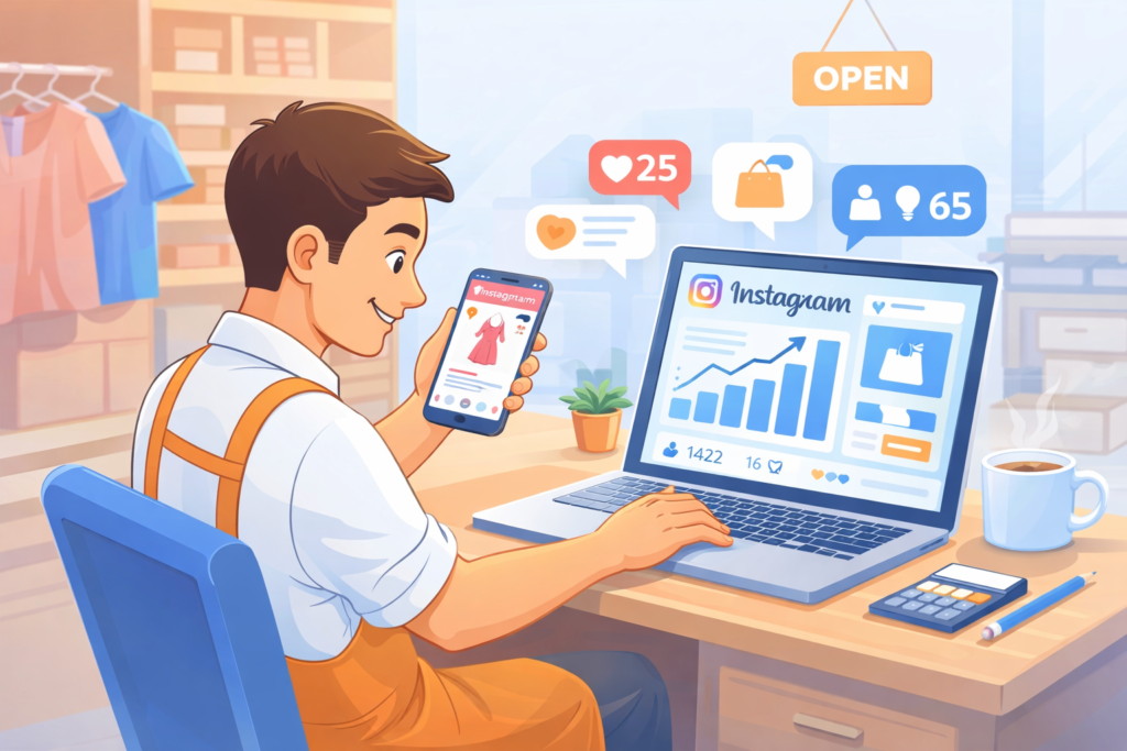 Small business owner using social media and online marketing to grow local sales